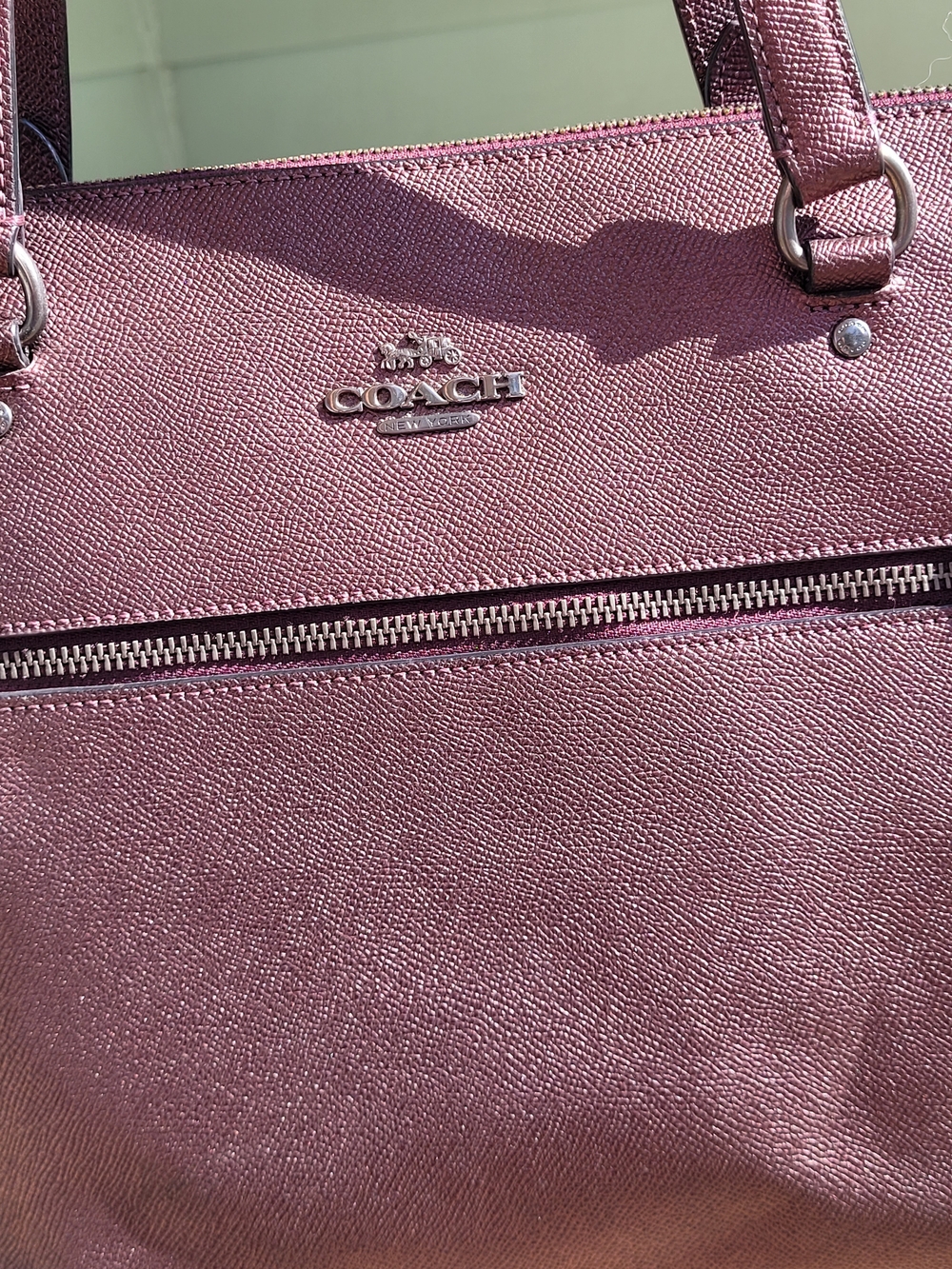 Coach Saffiano Metallic Deep Wine Textured Leather Zip Tote - Picture 7 of 8